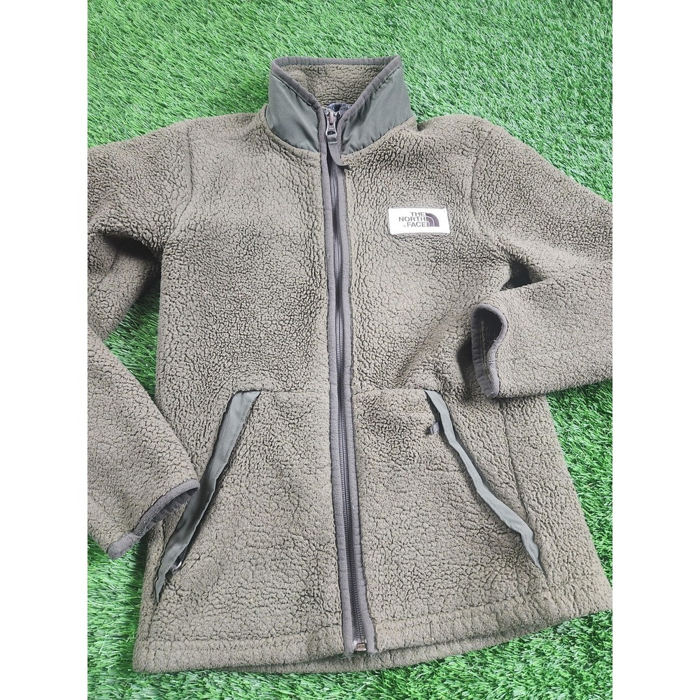 The North Face Jacket Boys 10/12 Green Fleece Full Zip Sherpa Pockets Outdoor